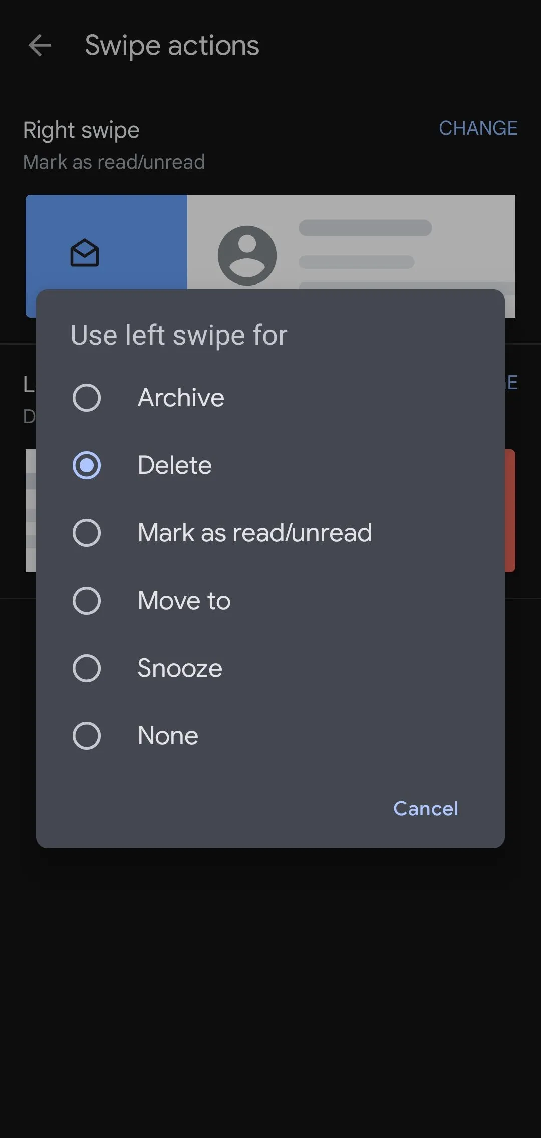 Trang cấu hình thao tác vuốt (Swipe actions) để tùy chỉnh hành động vuốt trái và phải trong Gmail
