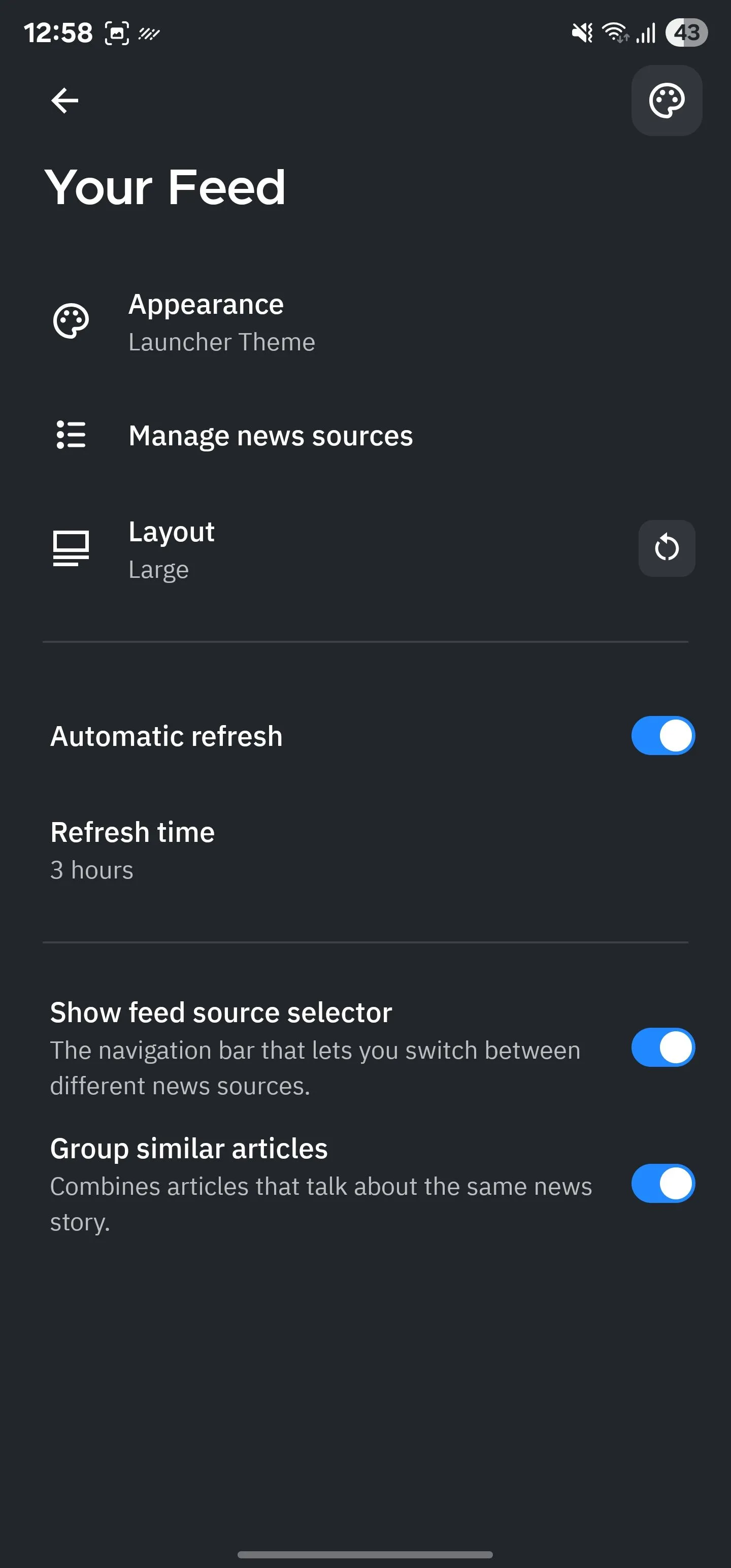 Trang cấu hình tính năng Your Feed của Smart Launcher