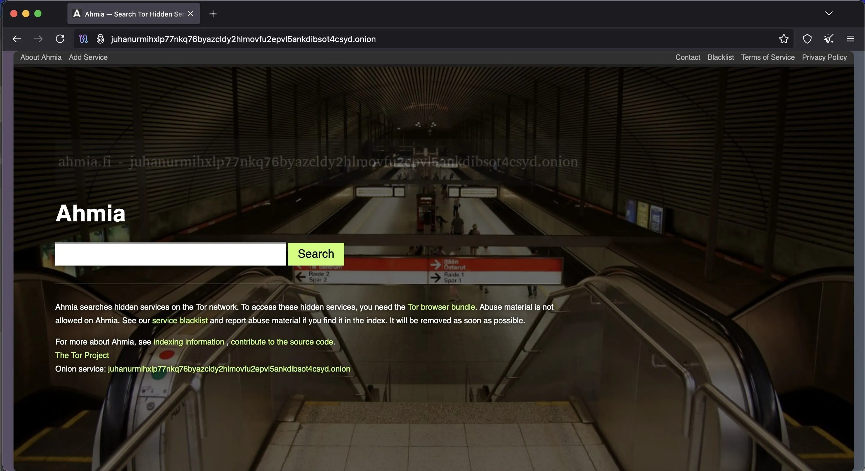 Trang chủ công cụ tìm kiếm Dark Web Ahmia hiển thị giao diện tìm kiếm đơn giản.