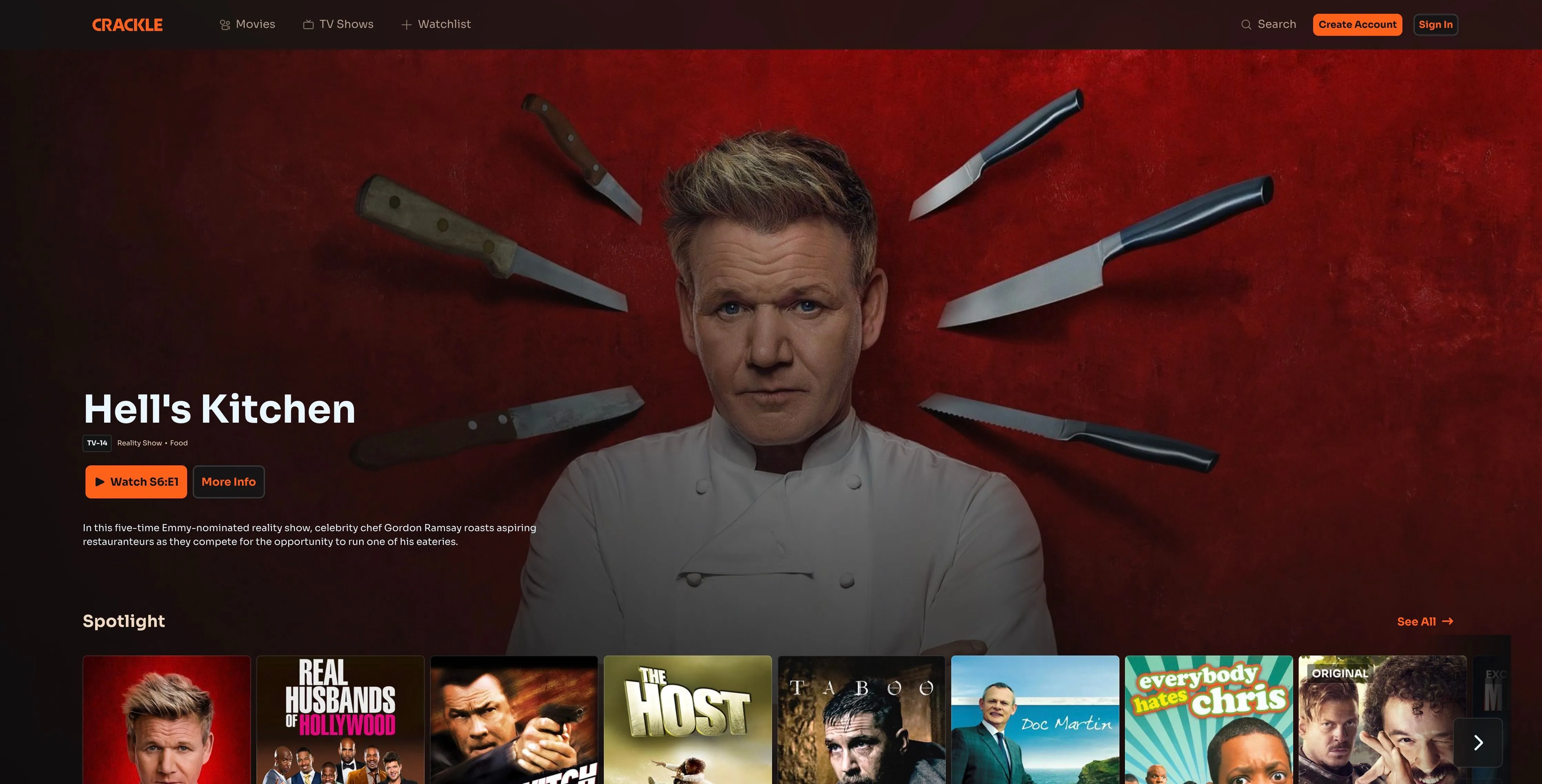 Trang chủ Crackle hiển thị quảng cáo &quot;Hells Kitchen&quot;