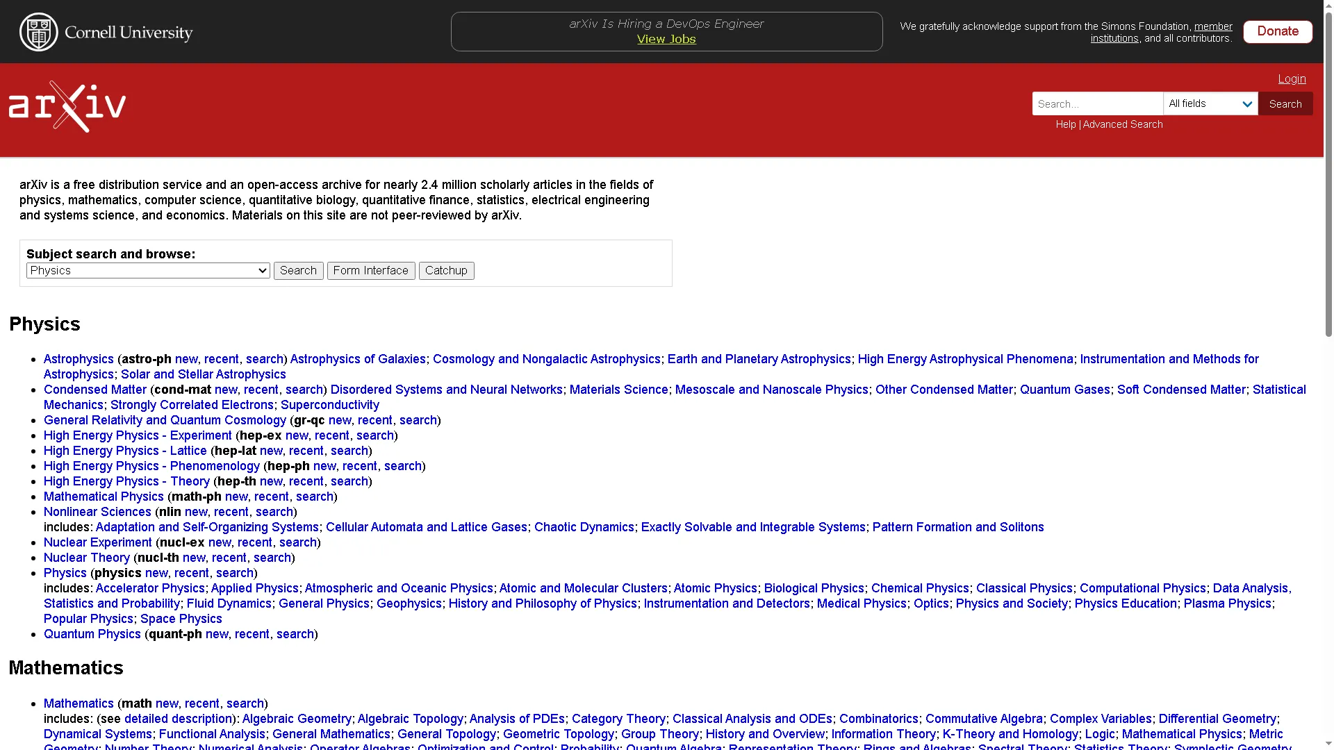 Trang chủ của arXiv, kho lưu trữ và phân phối bài viết khoa học trực tuyến lâu đời