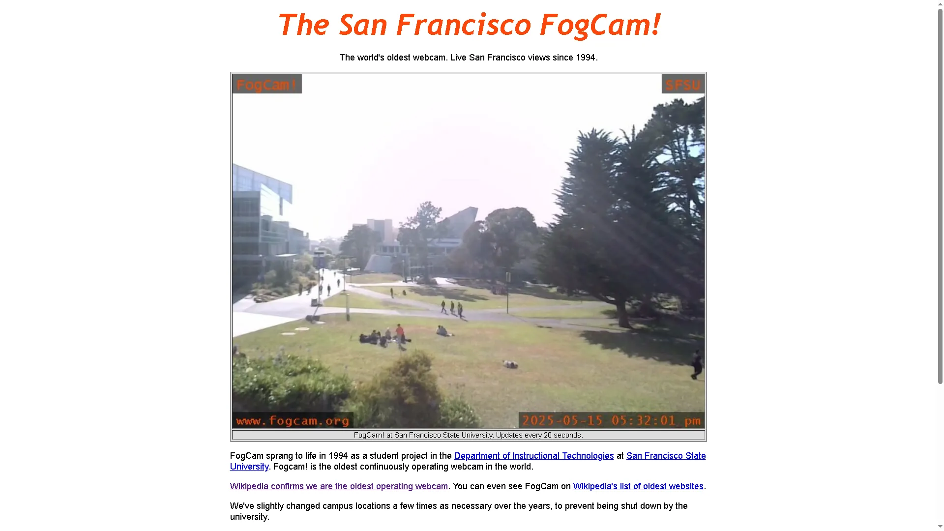 Trang chủ của San Francisco FogCam, webcam hoạt động liên tục từ năm 1994