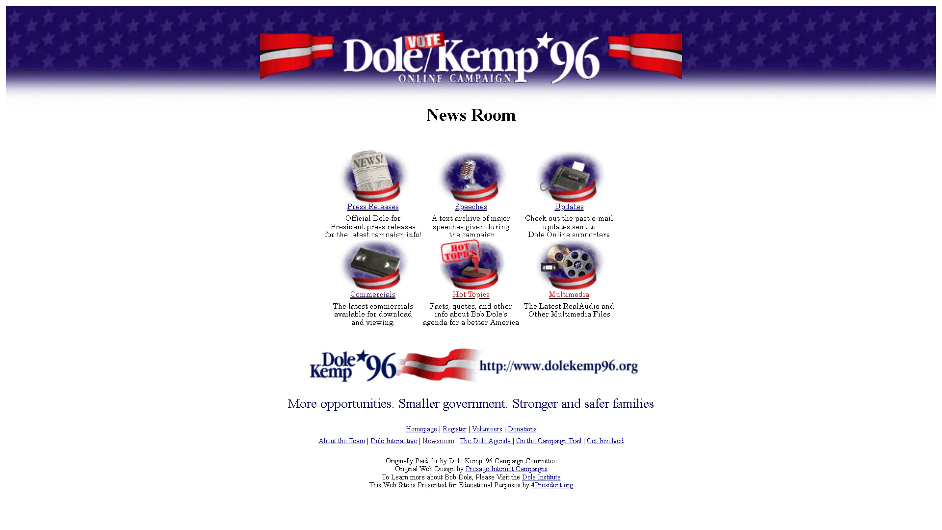 Trang chủ website chiến dịch tranh cử tổng thống Dole/Kemp năm 1996, một phần lịch sử Internet