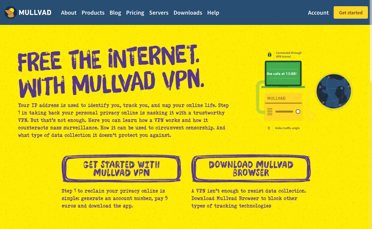 Trang chủ website của Mullvad VPN, một dịch vụ VPN nổi bật với chính sách không log và tính ẩn danh cao.