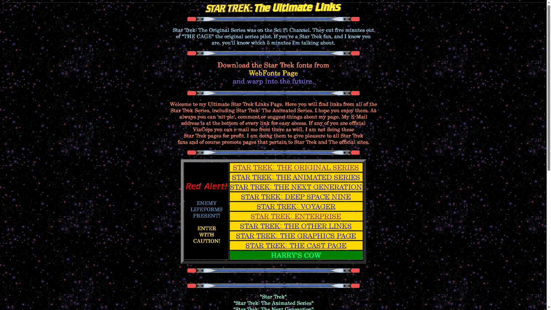 Trang chủ website DrgnSlyr's Star Trek: The Ultimate Links, một fan site kinh điển của thập niên 90