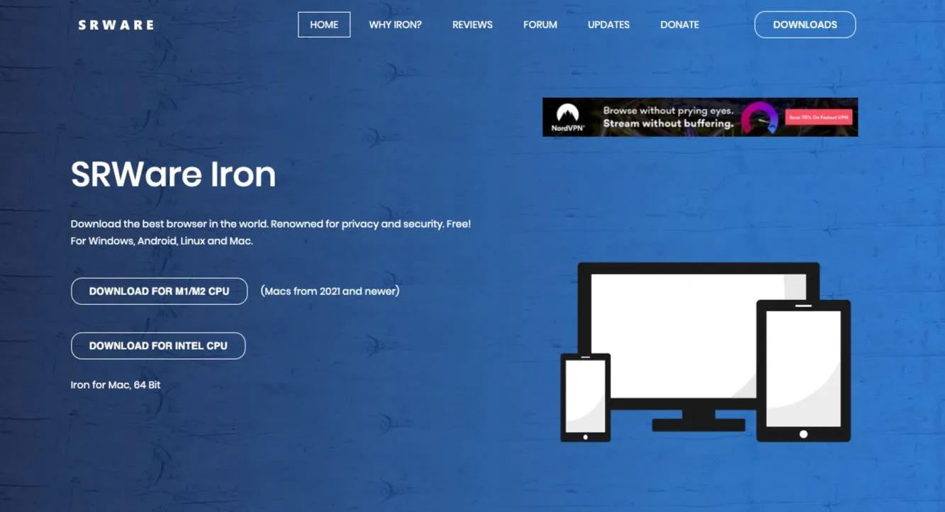 Trang chủ website SRWare Iron, trình duyệt bảo mật