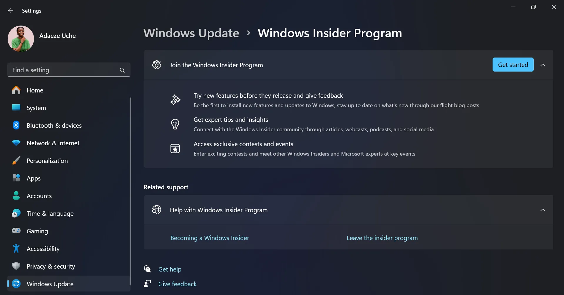 Trang Chương trình Windows Insider trong Cài đặt Windows 11