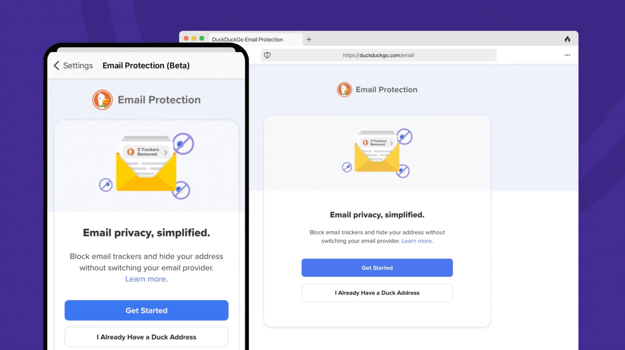 Trang đăng ký tính năng bảo vệ email của DuckDuckGo trên cả phiên bản di động và máy tính để bàn