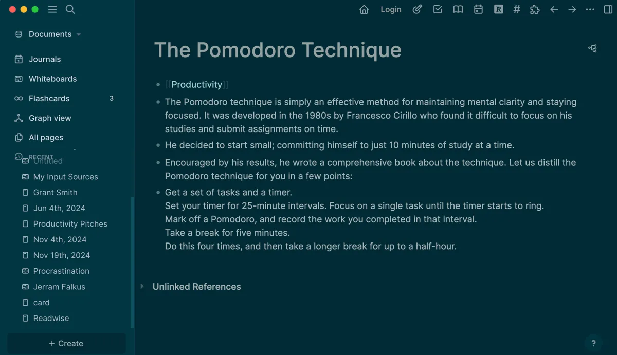 Trang ghi chú về Kỹ thuật Pomodoro trong Logseq, thể hiện cách liên kết hai chiều giữa các ghi chú về năng suất.