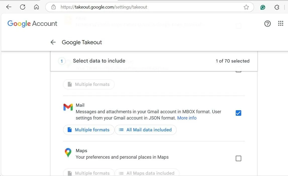 Trang Google Takeout hiển thị tùy chọn Mail (Thư) đã được chọn để xuất dữ liệu Gmail
