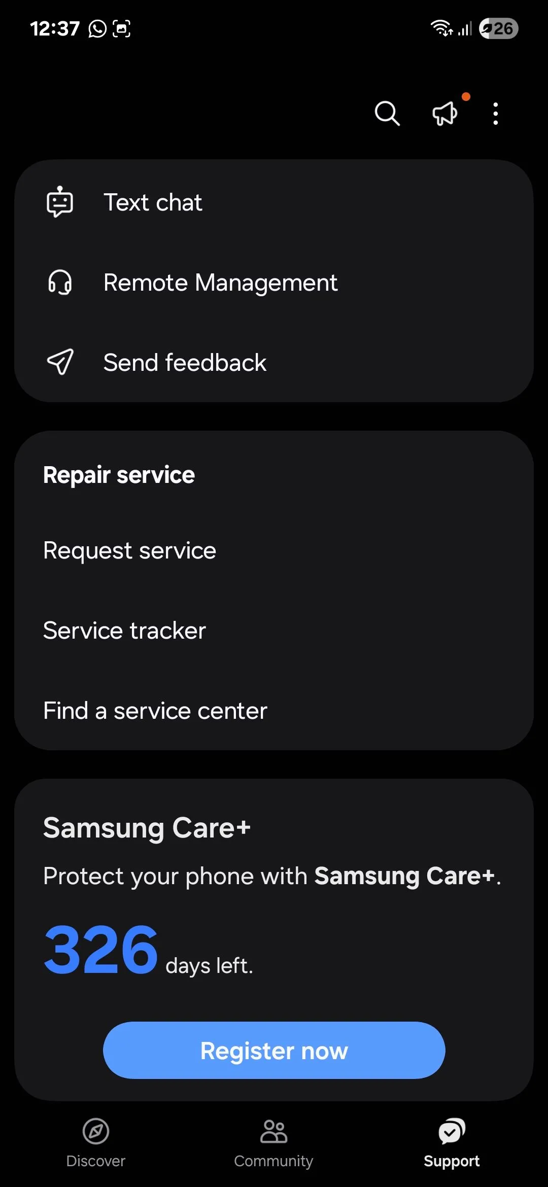Trang hỗ trợ trong ứng dụng Samsung Members với các tùy chọn chẩn đoán và sửa chữa