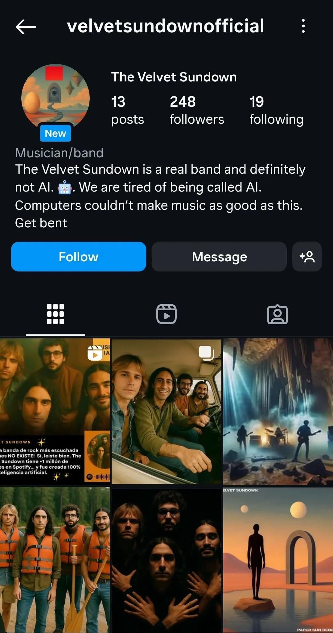 Trang Instagram của The Velvet Sundown, ban nhạc AI nổi tiếng trên Spotify, cho thấy sự thiếu hụt thông tin cá nhân và tương tác thực.