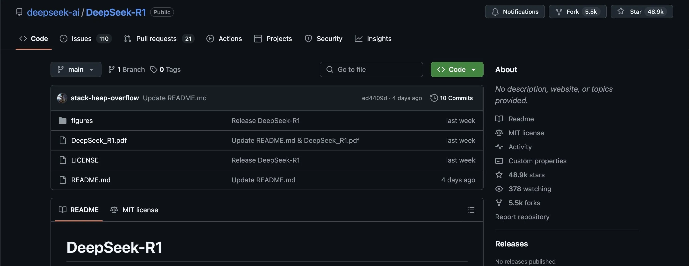 Trang kho lưu trữ mã nguồn DeepSeek trên GitHub, minh họa tính năng mã nguồn mở của mô hình AI này cho phép các nhà phát triển truy cập và tinh chỉnh.