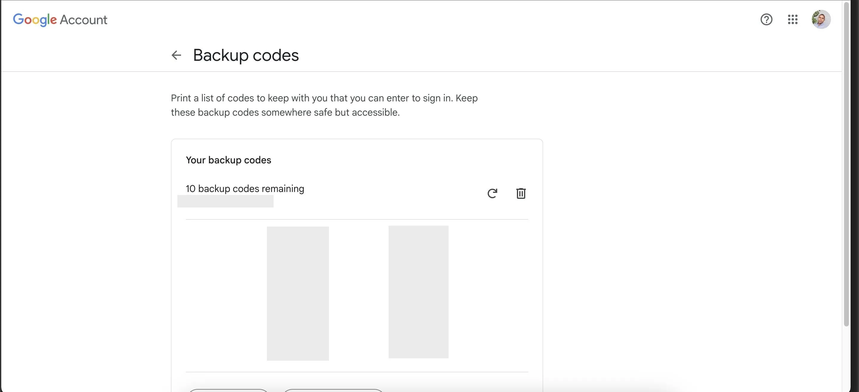 Trang mã dự phòng trong cài đặt tài khoản Google