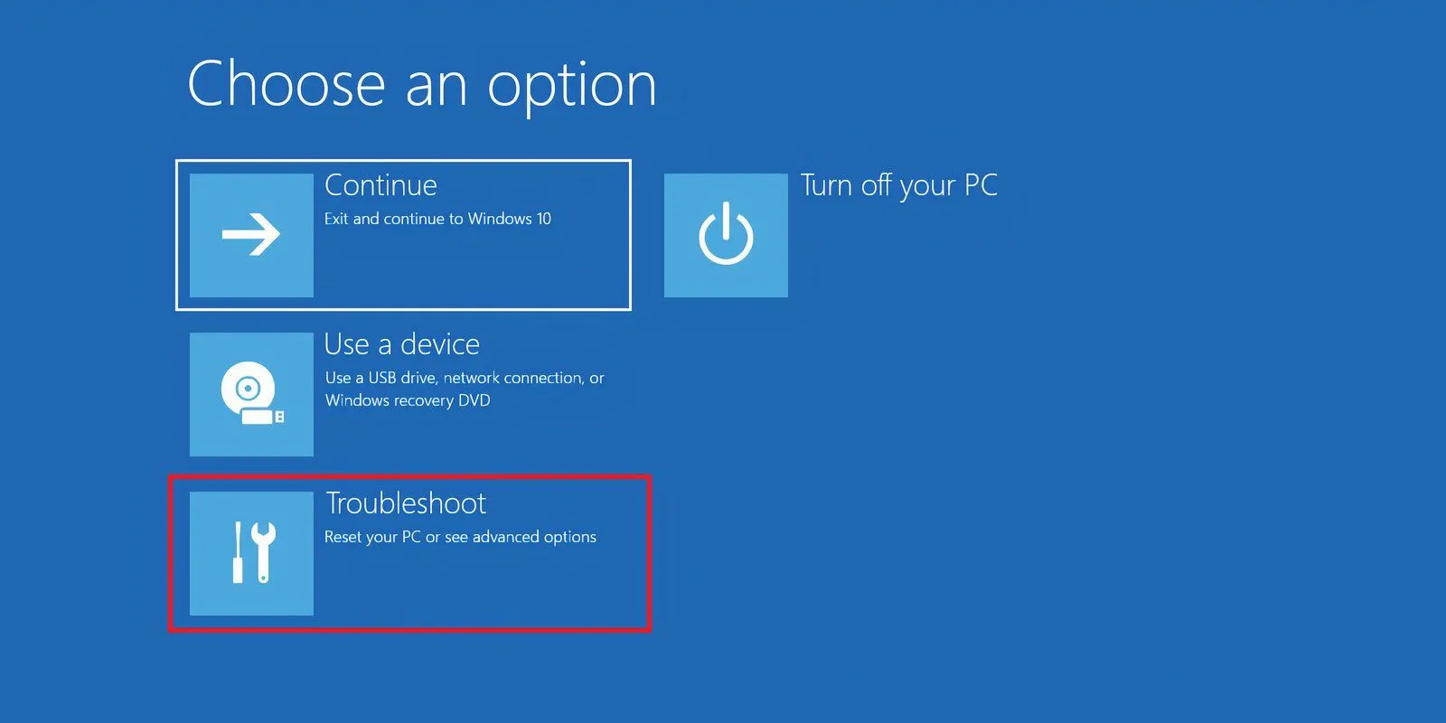 Trang môi trường khôi phục Windows với tùy chọn Khắc phục sự cố được chọn