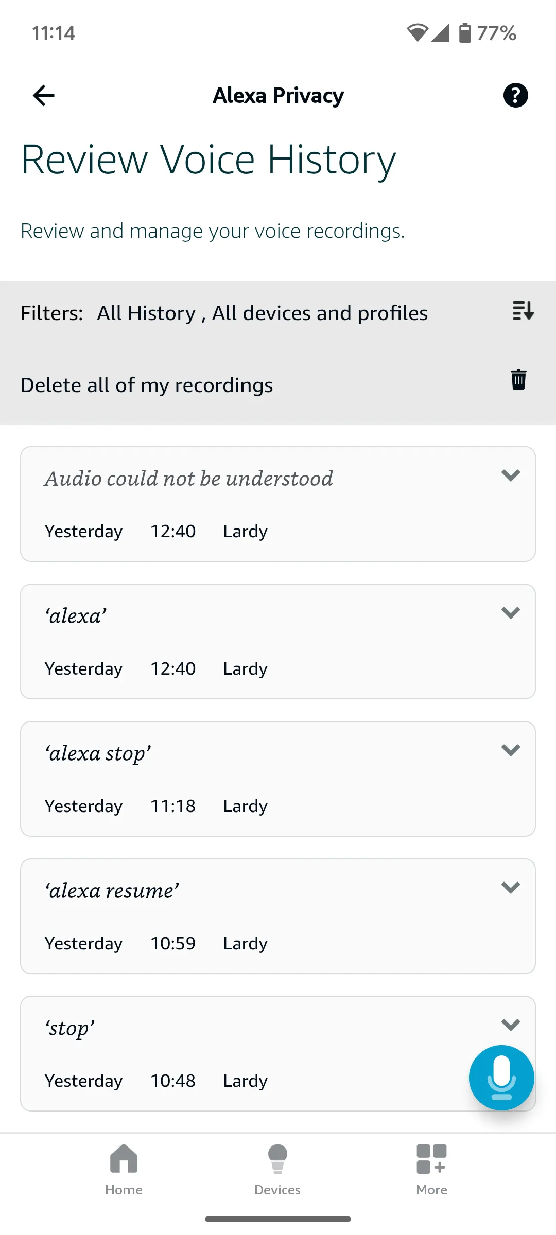 Trang quản lý các bản ghi giọng nói của bạn trên ứng dụng Alexa