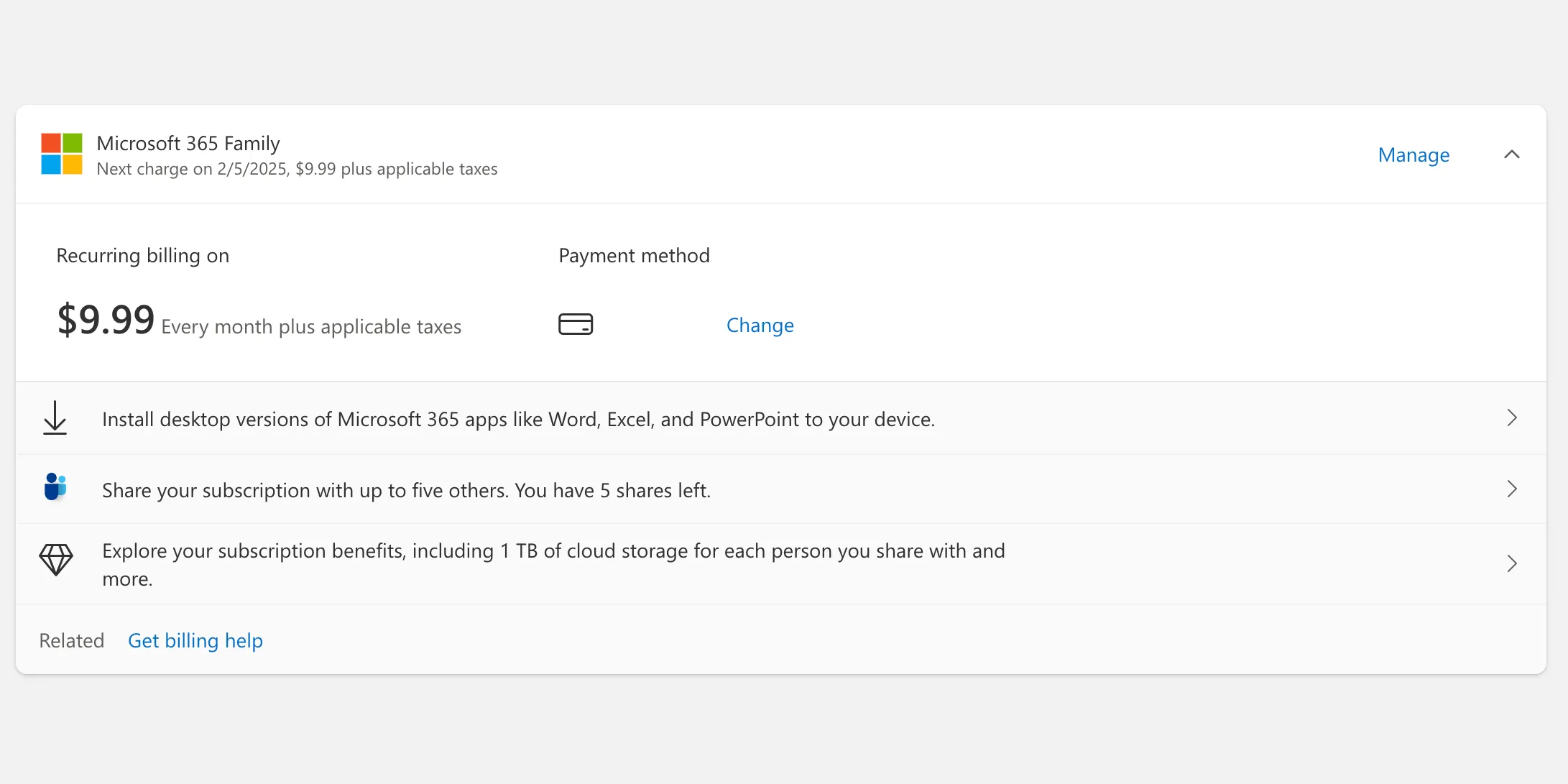 Trang quản lý các gói đăng ký Microsoft 365 Personal và Family