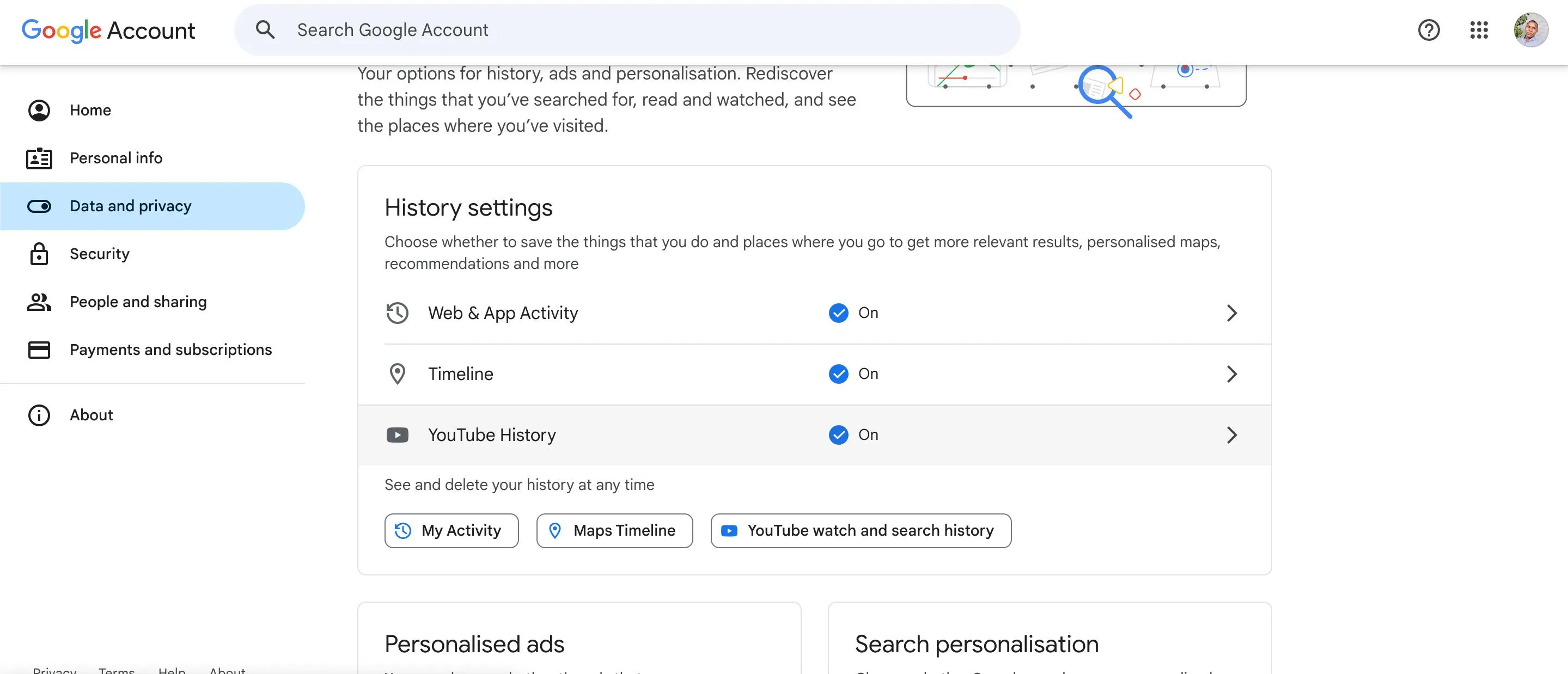 Trang quản lý dữ liệu và quyền riêng tư trong tài khoản Google