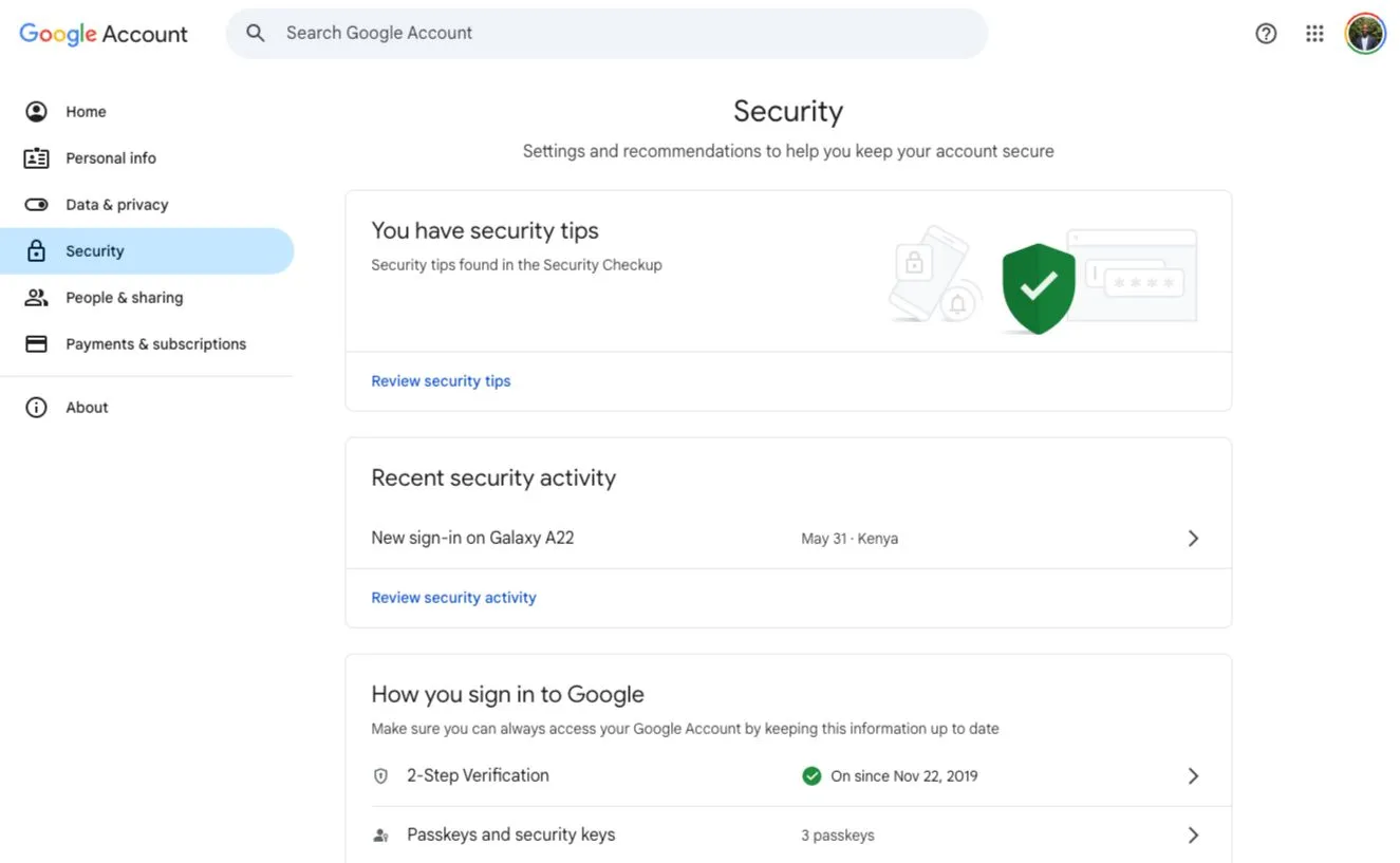 Trang quản lý hoạt động bảo mật tài khoản Google