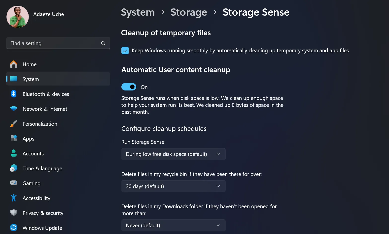 Trang Storage Sense trong ứng dụng cài đặt Windows