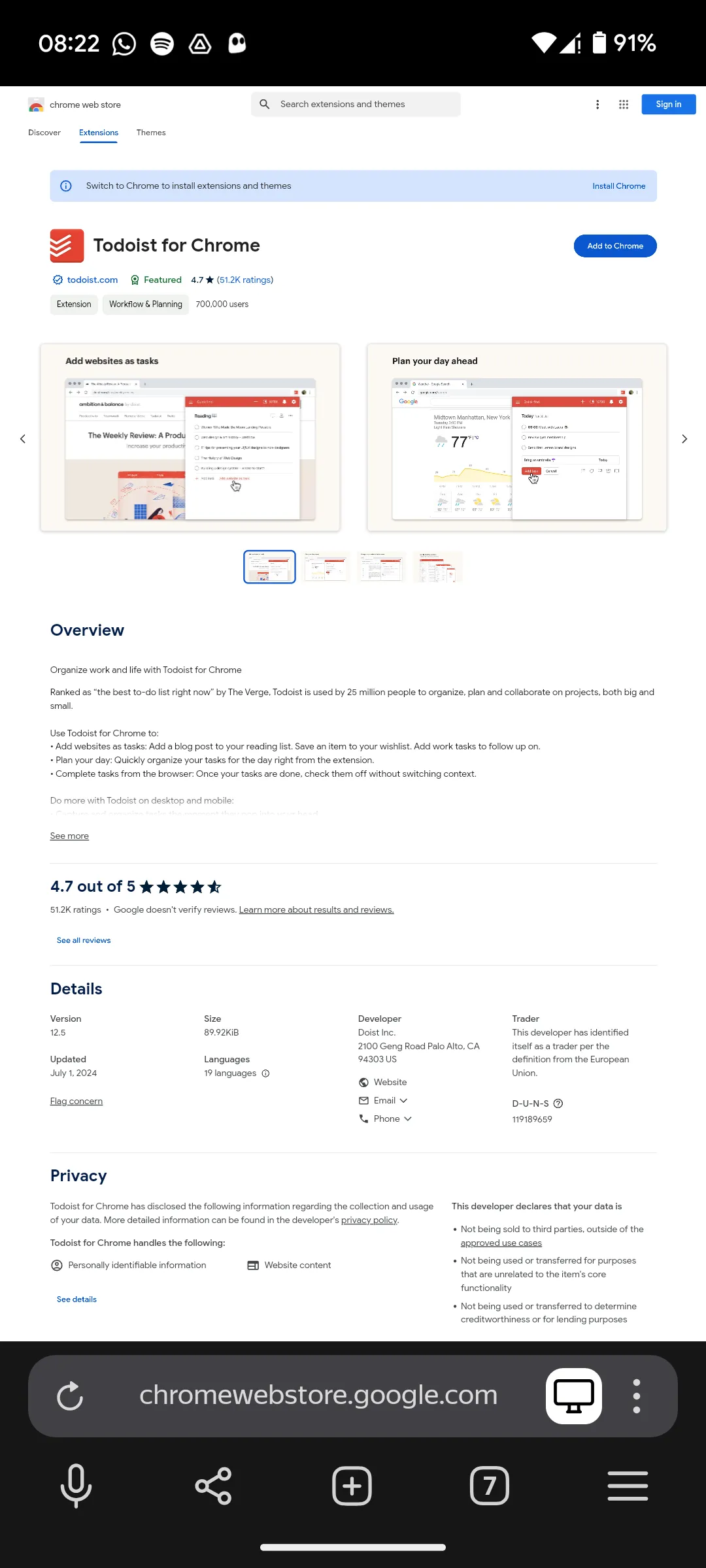 Trang thông tin tiện ích Todoist trên Chrome Web Store hiển thị trong Yandex Browser