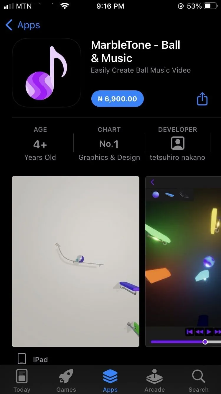Trang thông tin ứng dụng &quot;MarbleTone&quot; trên App Store của iOS, hiển thị nút tải về.