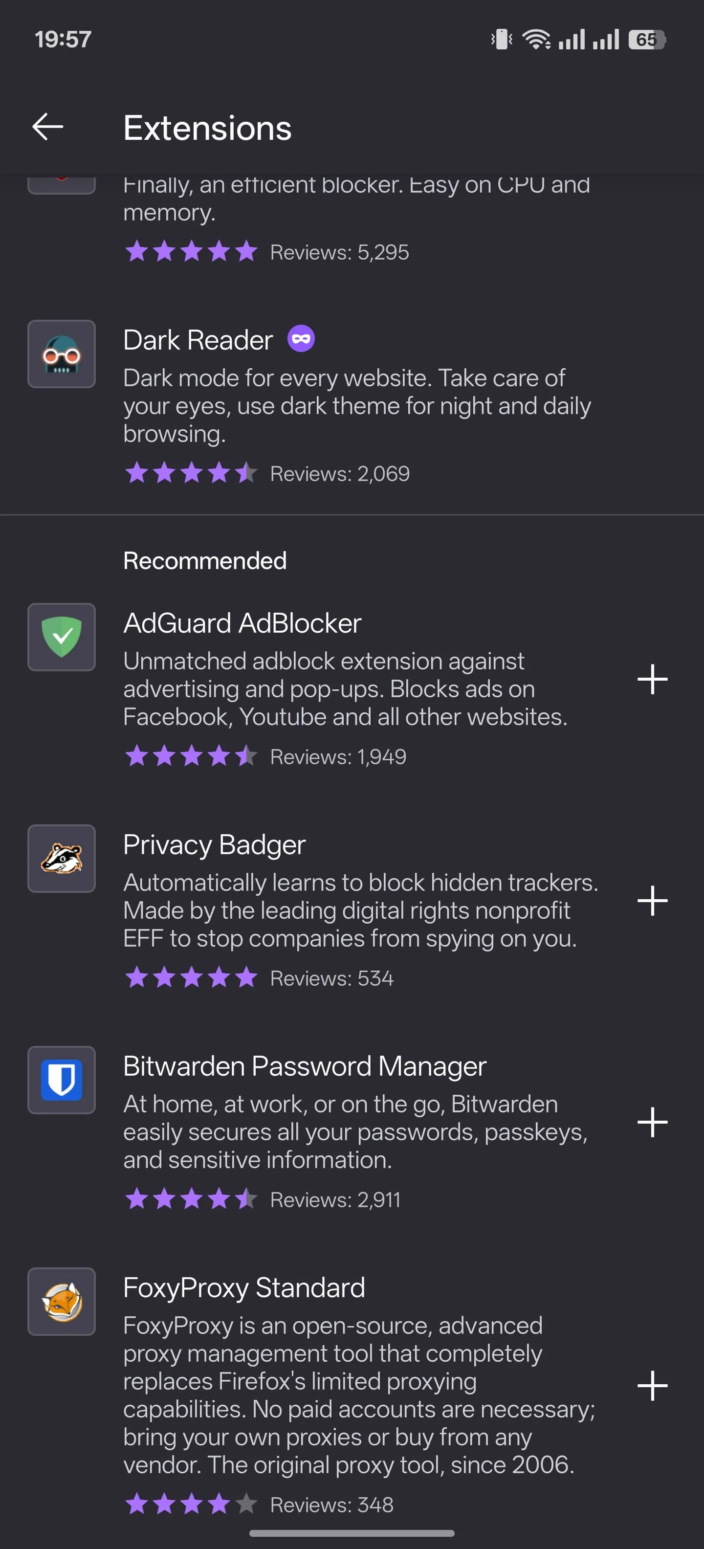 Trang tiện ích mở rộng trong trình duyệt Firefox cho Android.