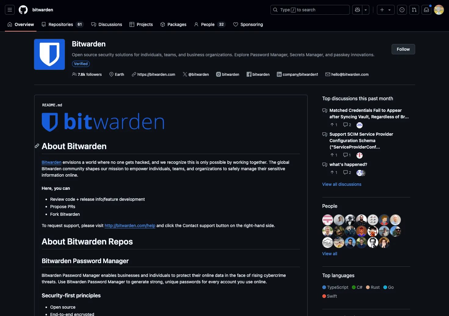 Trang tổ chức Bitwarden trên GitHub, minh chứng mã nguồn mở