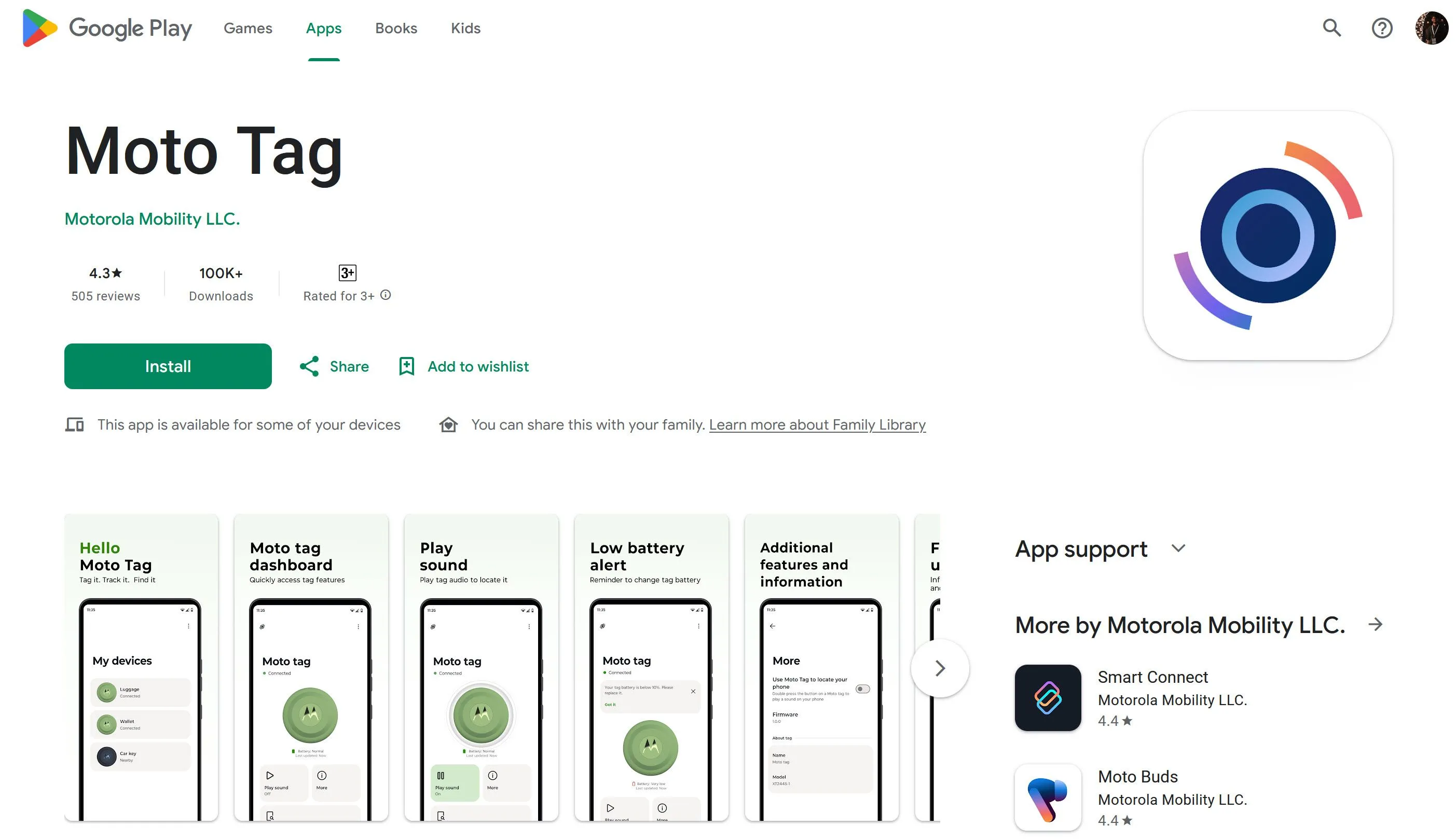 Trang ứng dụng Moto Tag trên Google Play Store cho thấy tùy chọn cập nhật phần mềm thiết bị định vị