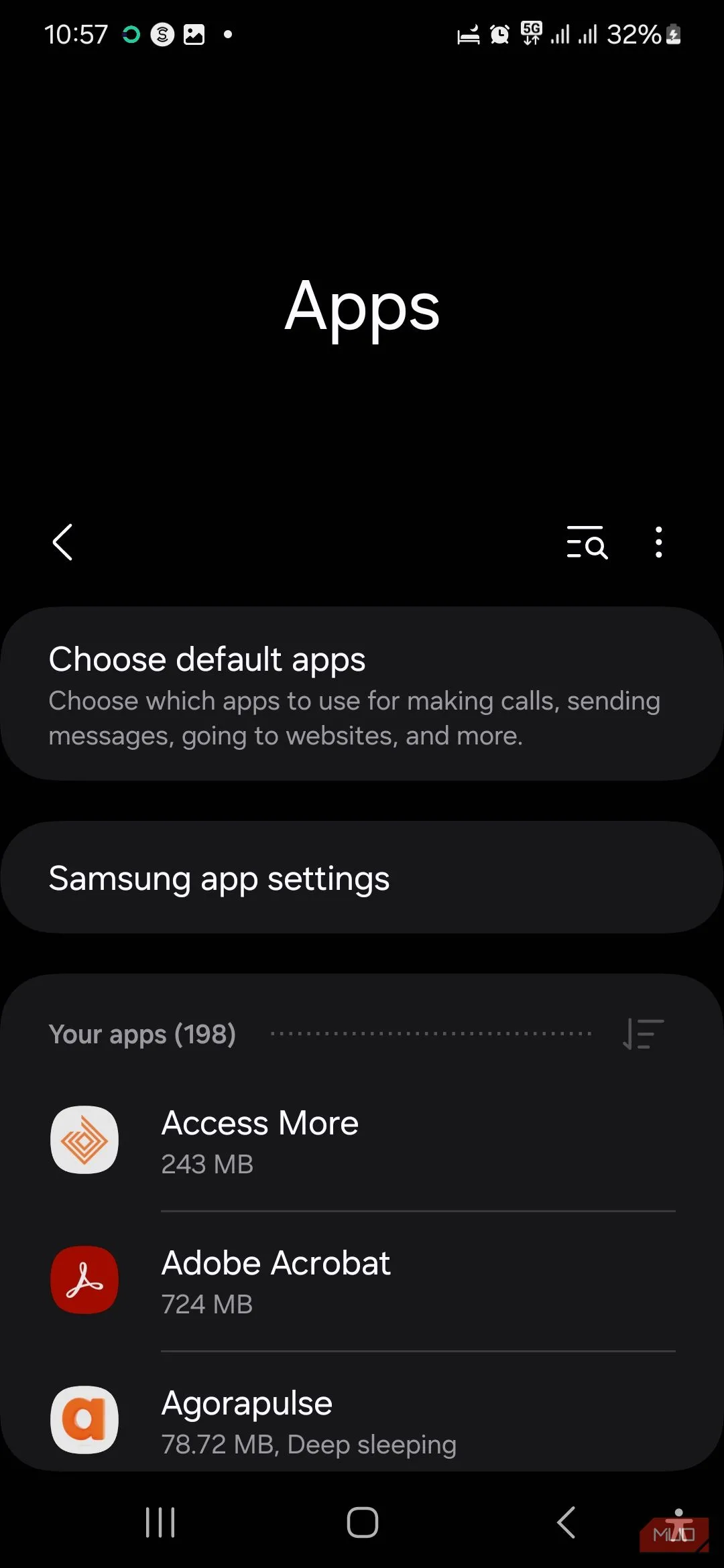 Trang Ứng dụng trong cài đặt điện thoại Samsung