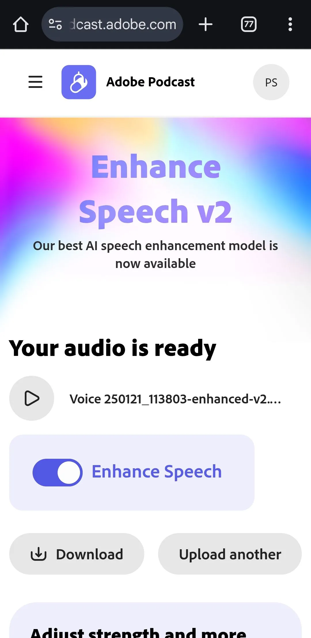 Trang web Adobe Enhance Speech hiển thị tệp âm thanh với tùy chọn tải xuống trên Chrome dành cho Android