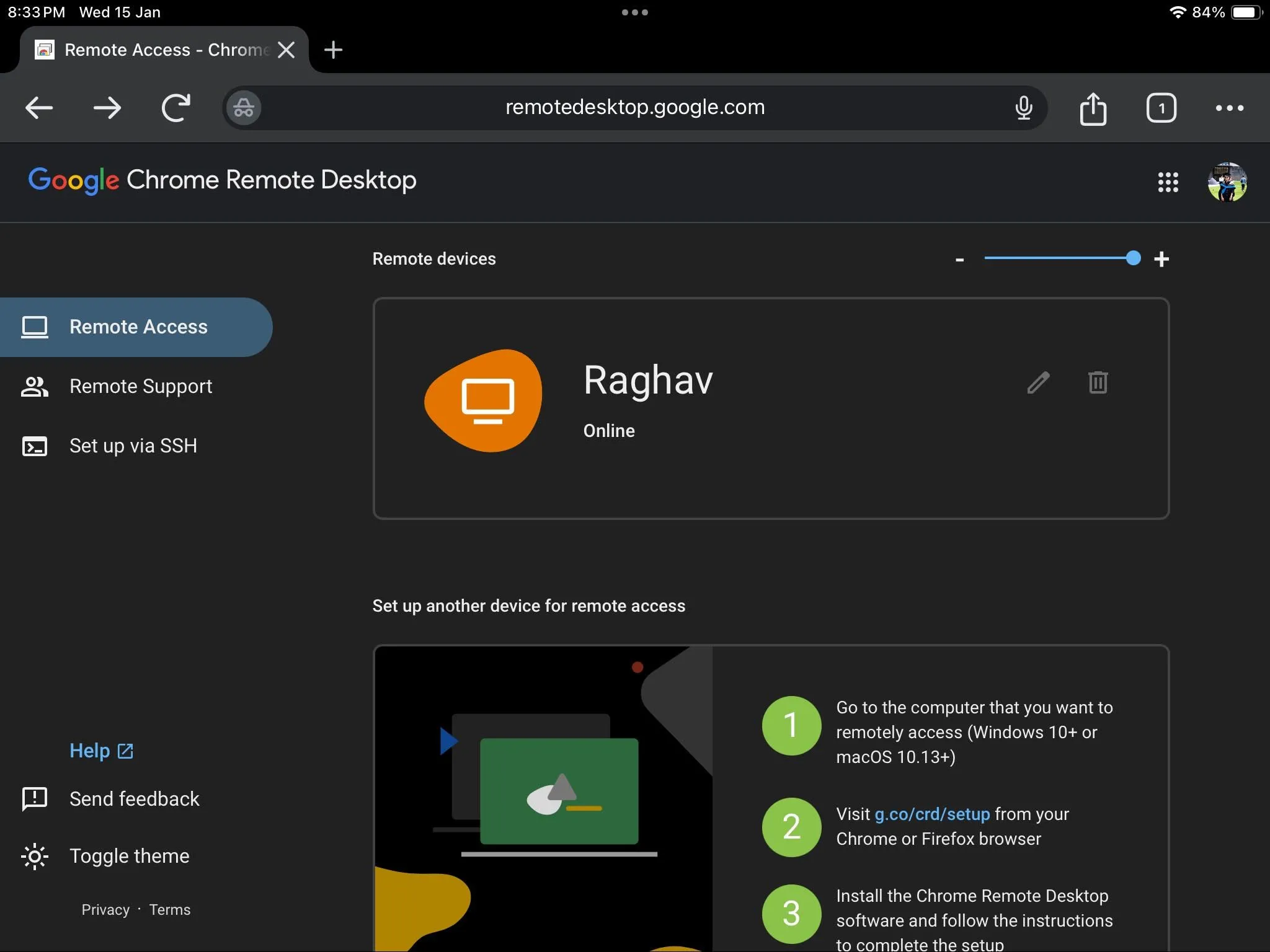 Trang web Chrome Remote Desktop hiển thị danh sách các máy tính đã cài đặt, sẵn sàng để truy cập từ iPad.
