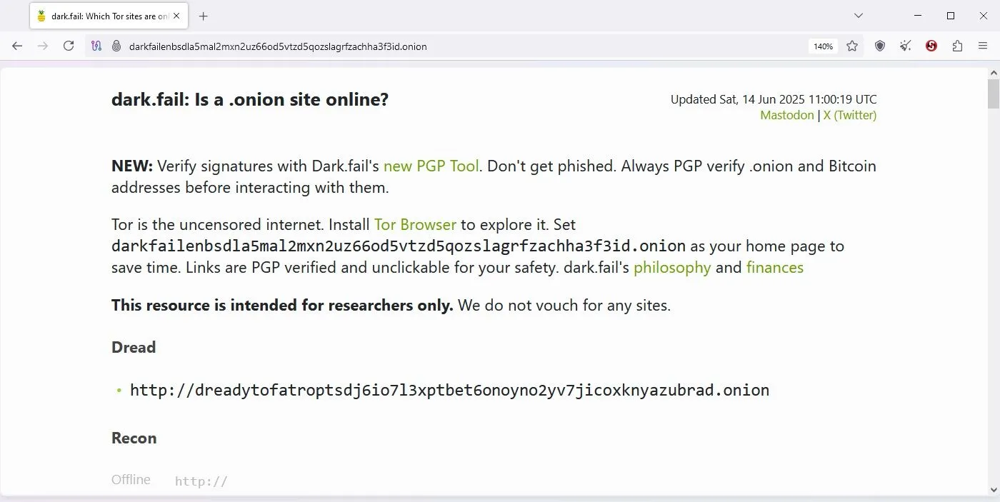 Trang web Dark Fail hiển thị trên trình duyệt Tor, minh họa sự đa dạng nội dung trên Dark Web.