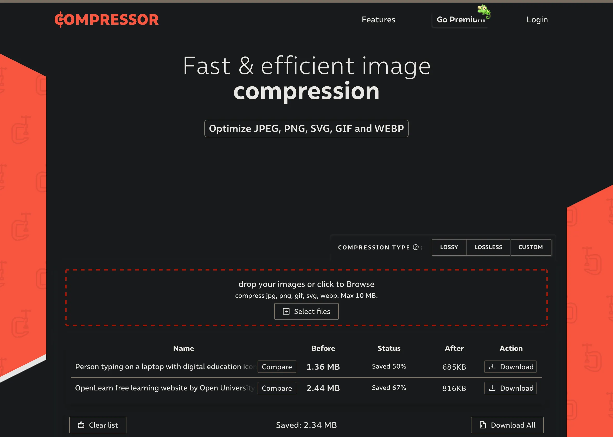 Trang web nén ảnh Compressor.io với tùy chọn nén
