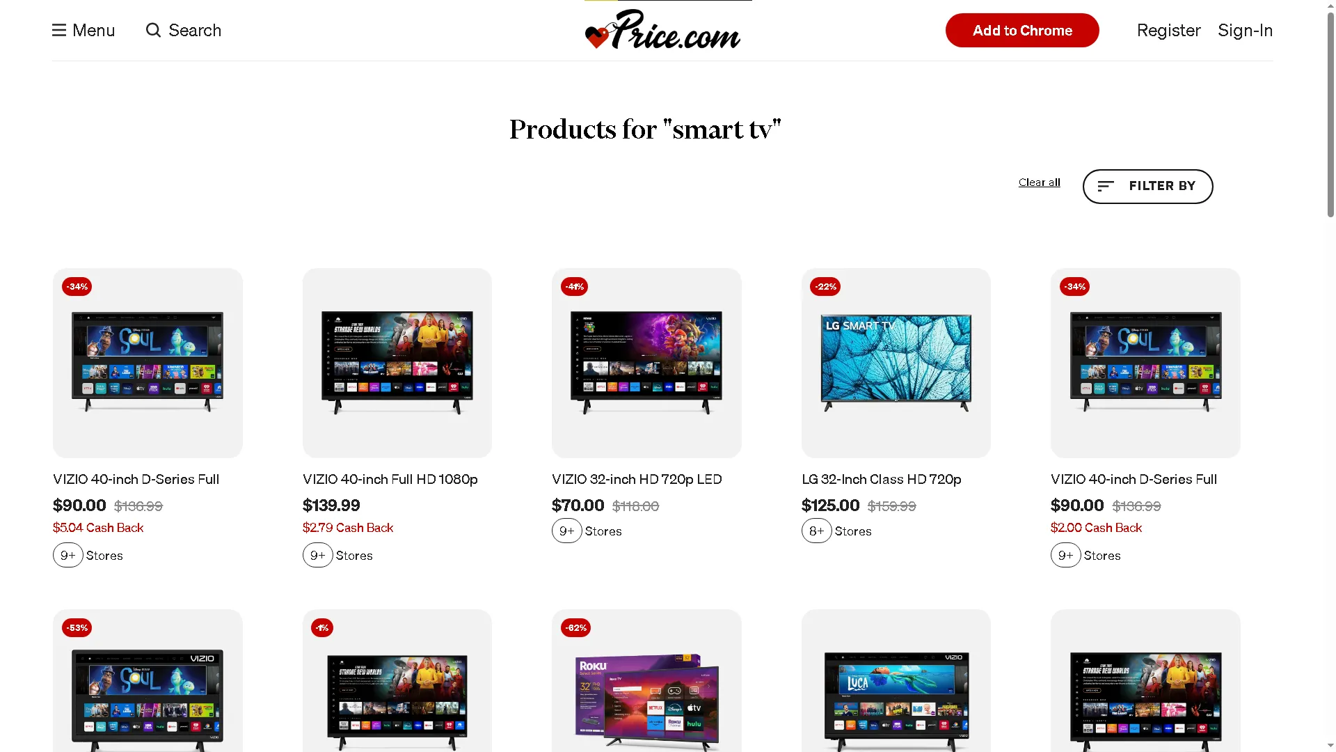 Trang web so sánh giá hiển thị danh sách các mẫu Smart TV cùng mức giá từ nhiều nhà bán lẻ khác nhau