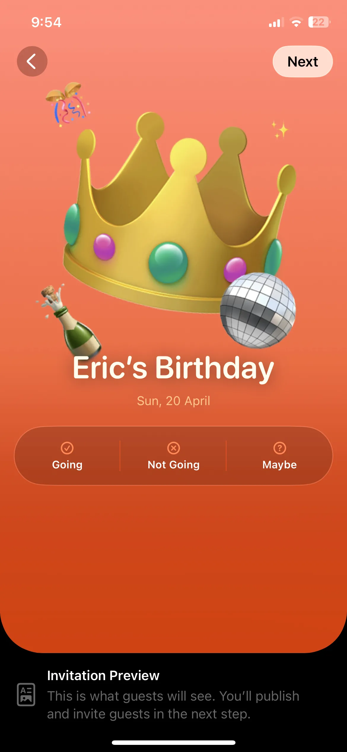 Trang xem trước thiệp mời điện tử với thông tin chi tiết sự kiện và nút RSVP trong ứng dụng Apple Invites