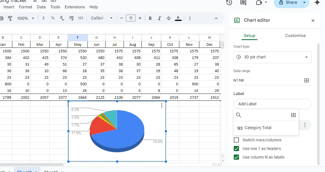 Trình chỉnh sửa biểu đồ trong Google Sheets, cho phép trực quan hóa dữ liệu đơn giản và nhanh chóng cho mục đích cộng tác.