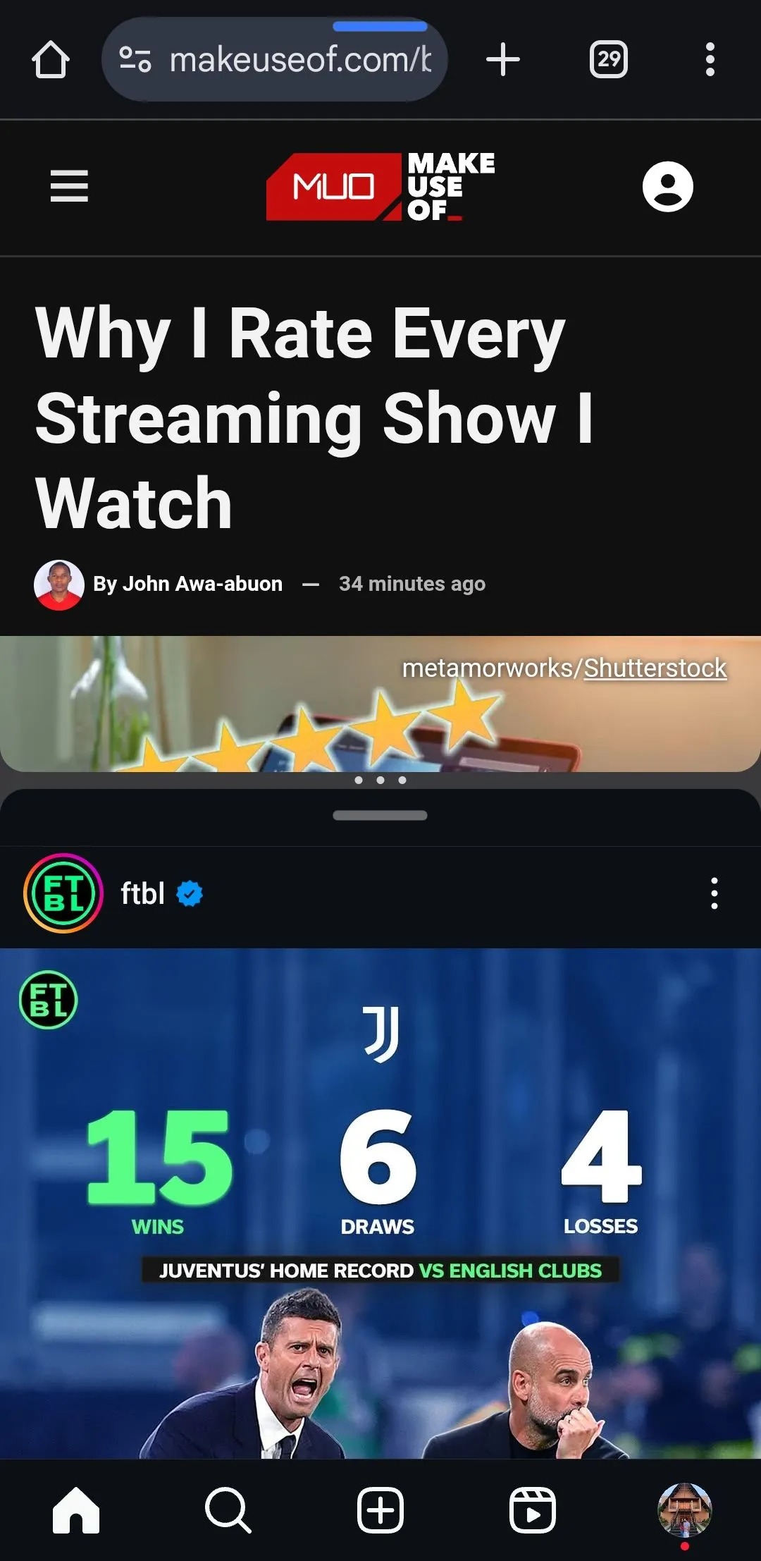 Trình duyệt Chrome và Instagram hoạt động ở chế độ chia đôi màn hình trên điện thoại Android