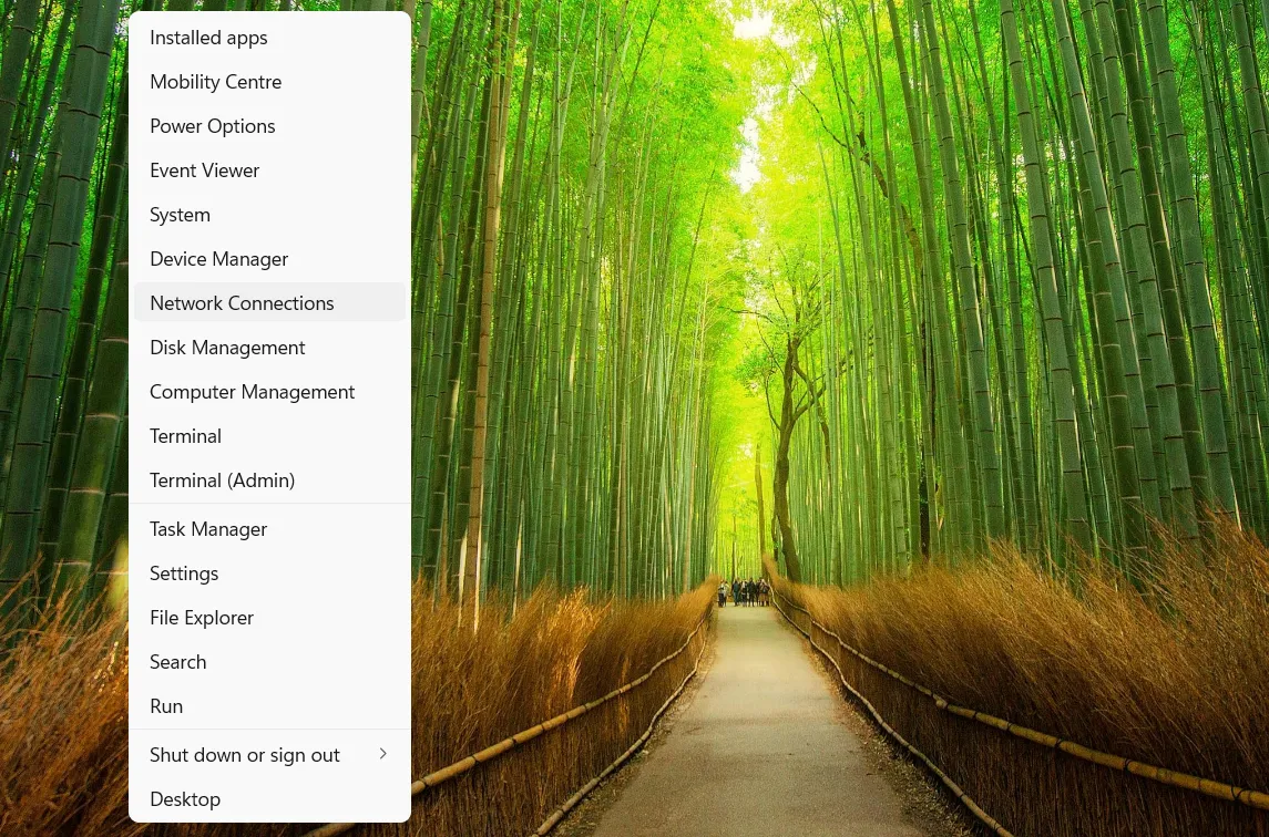 Truy cập Network Connections nhanh chóng qua Menu Truy cập Nhanh trên Windows