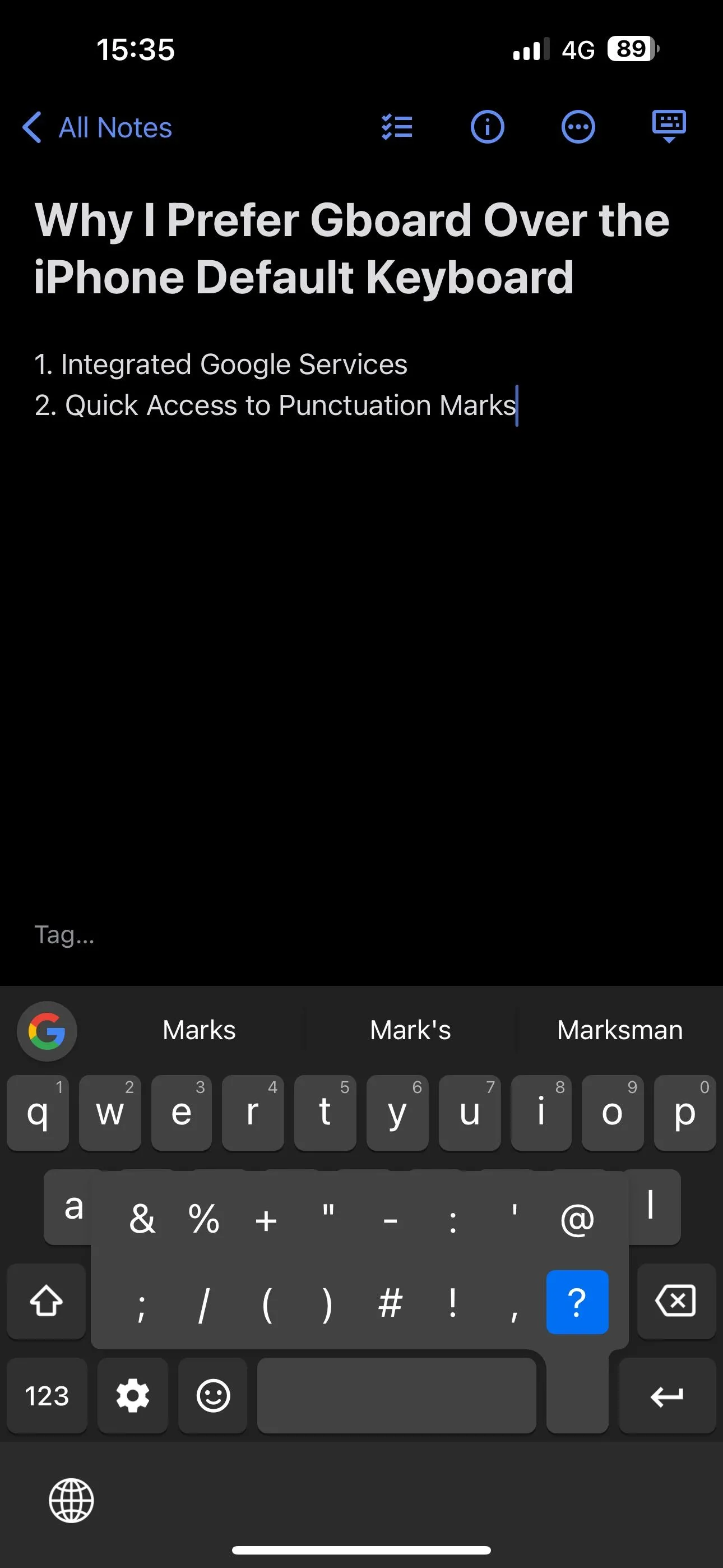 Truy cập nhanh dấu chấm và các ký tự đặc biệt khác trên bàn phím Gboard bằng cách giữ phím.