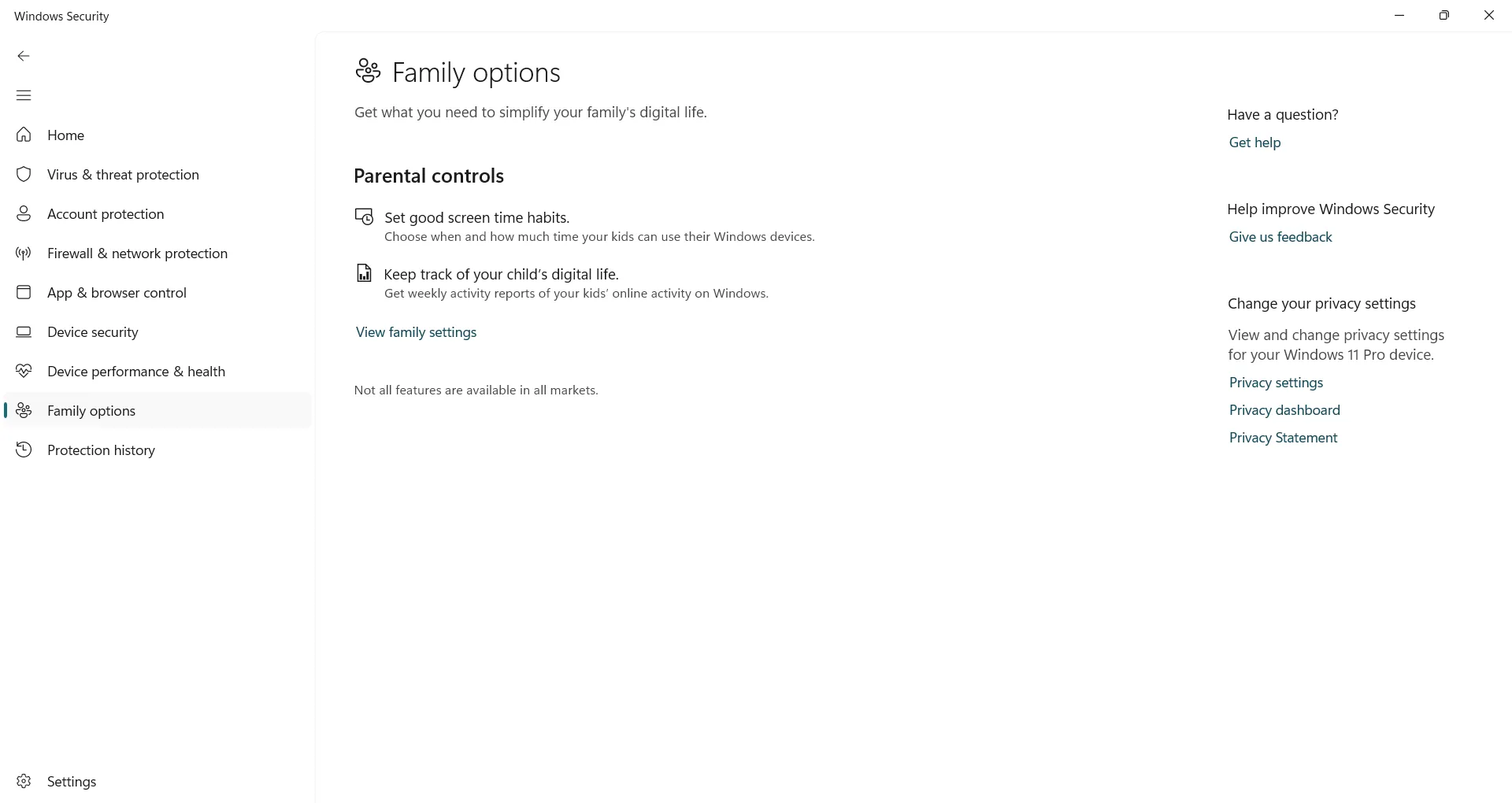 Truy cập Tùy chọn Gia đình (Parental Control) trong Windows Security để quản lý cài đặt