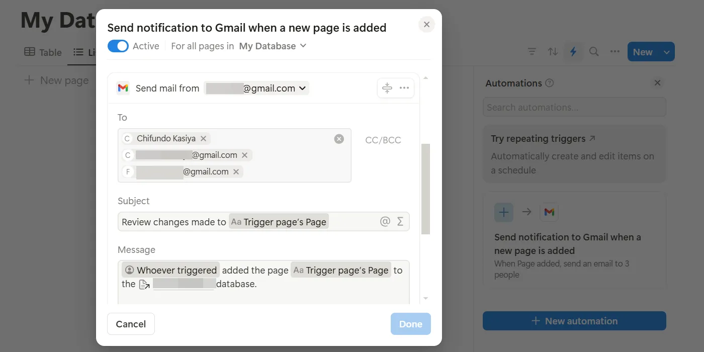 Tự động hóa Gmail được tạo trong Notion.