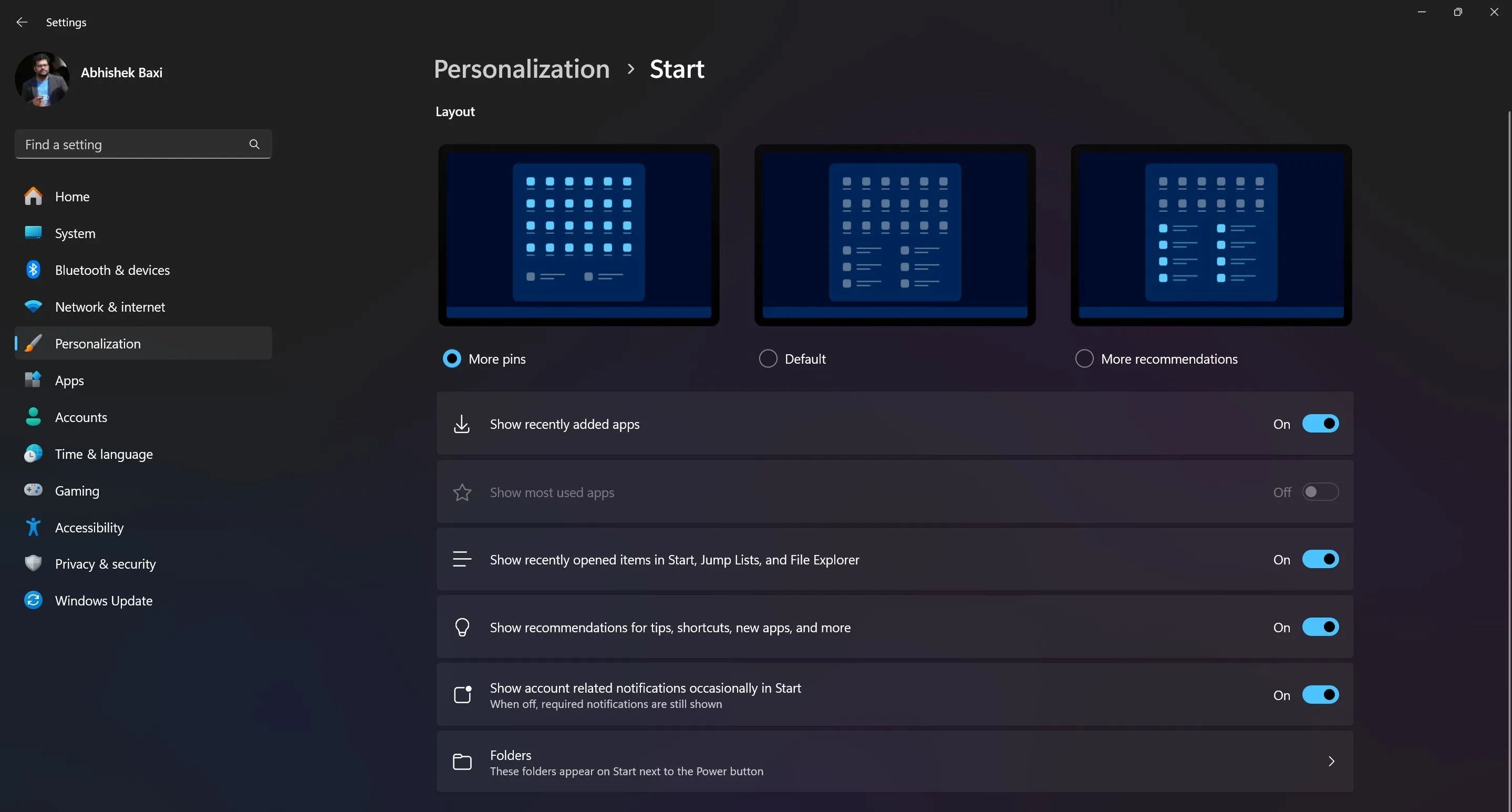 Tùy chỉnh bố cục Start Menu Windows 11 để hiển thị nhiều ứng dụng được ghim