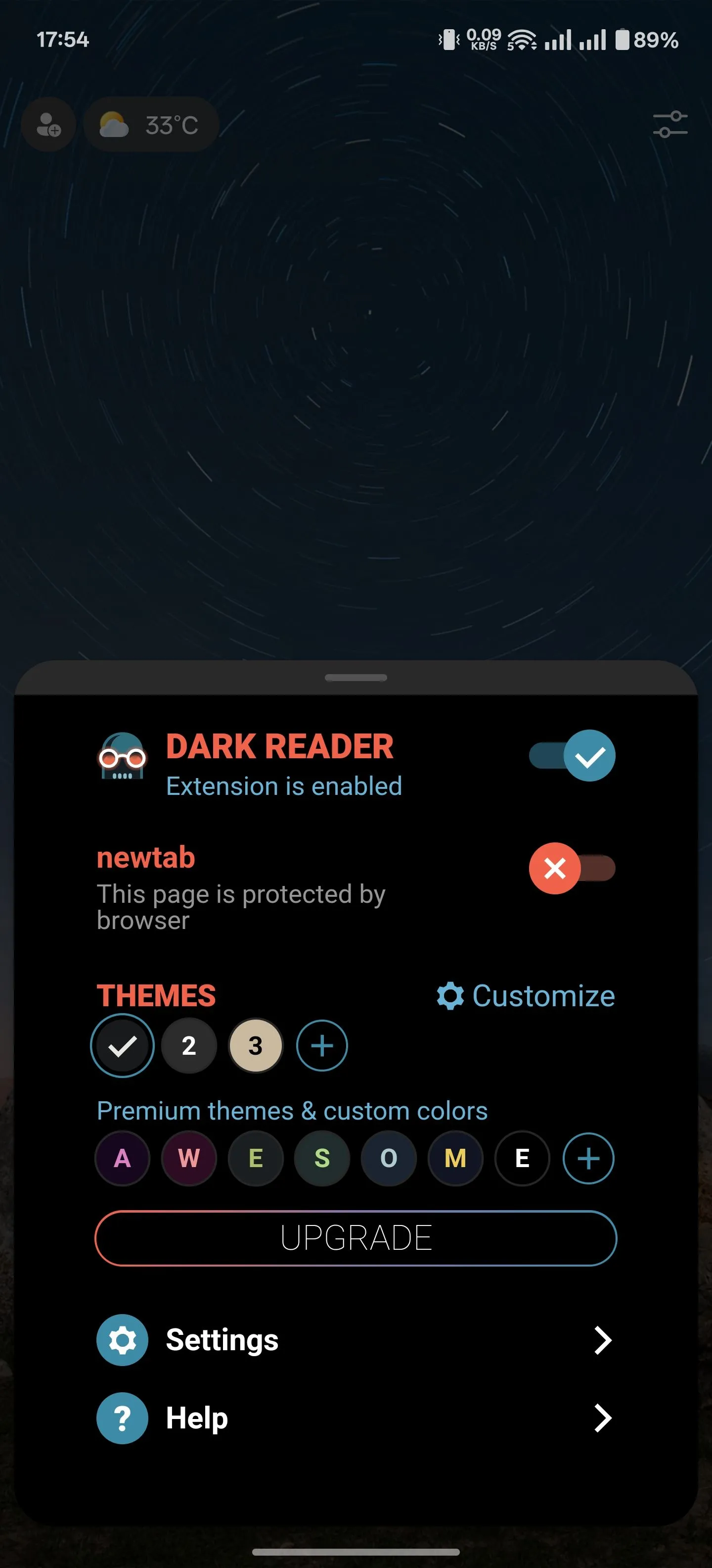 Tùy chỉnh cài đặt nâng cao của tiện ích Dark Reader trong trình duyệt Microsoft Edge trên điện thoại Android, cho phép người dùng điều chỉnh giao diện tối.