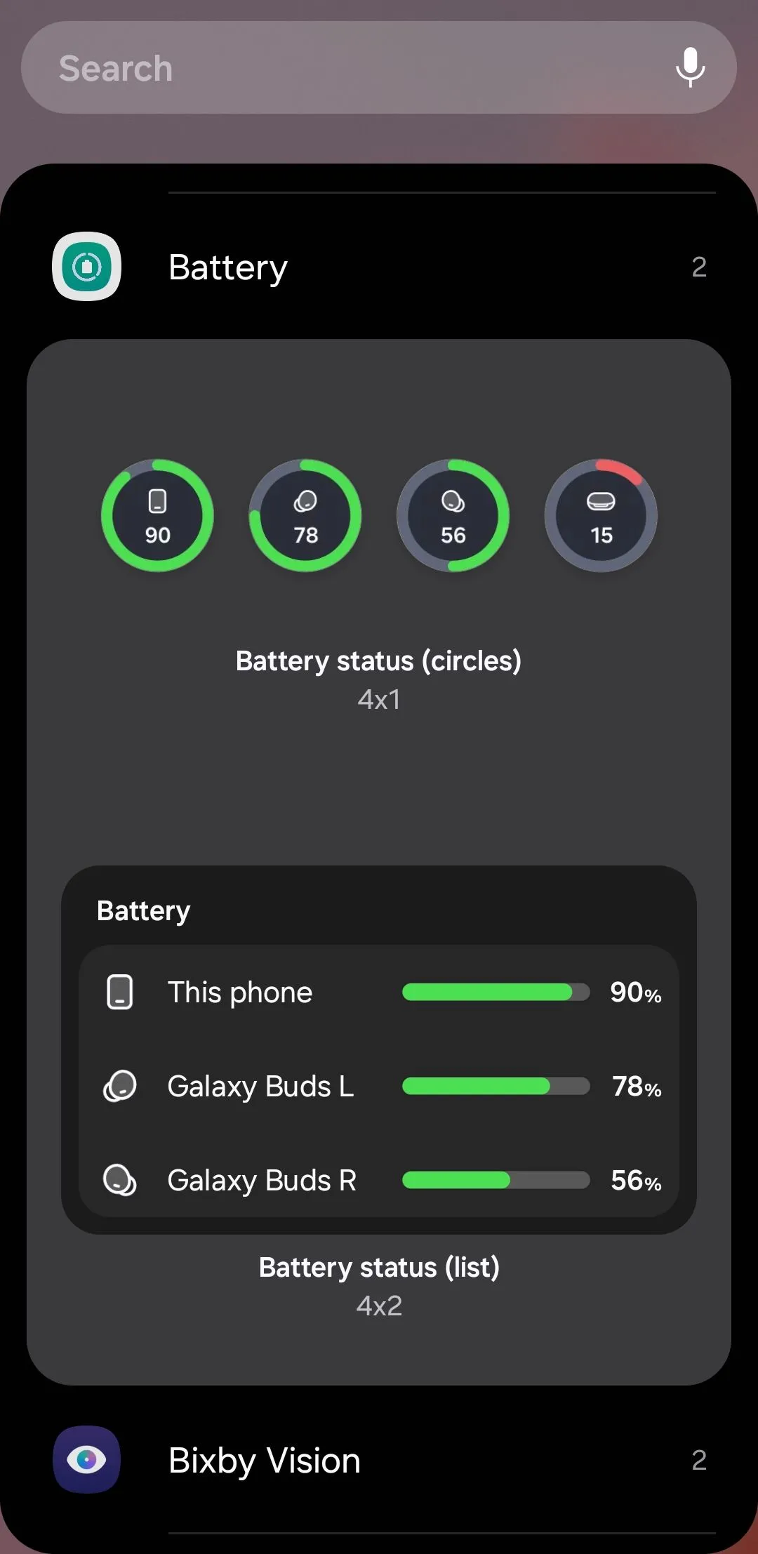 Tùy chỉnh widget hiển thị trạng thái pin điện thoại, tai nghe Galaxy Buds và đồng hồ Galaxy Watch