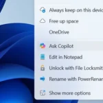Tùy chọn "Ask Copilot" xuất hiện trong menu ngữ cảnh chuột phải trên Windows File Explorer.
