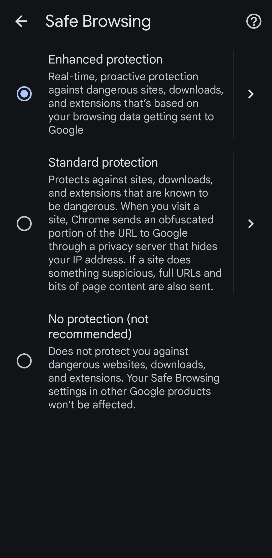 Tùy chọn bảo vệ nâng cao được chọn trong Chrome cho Android