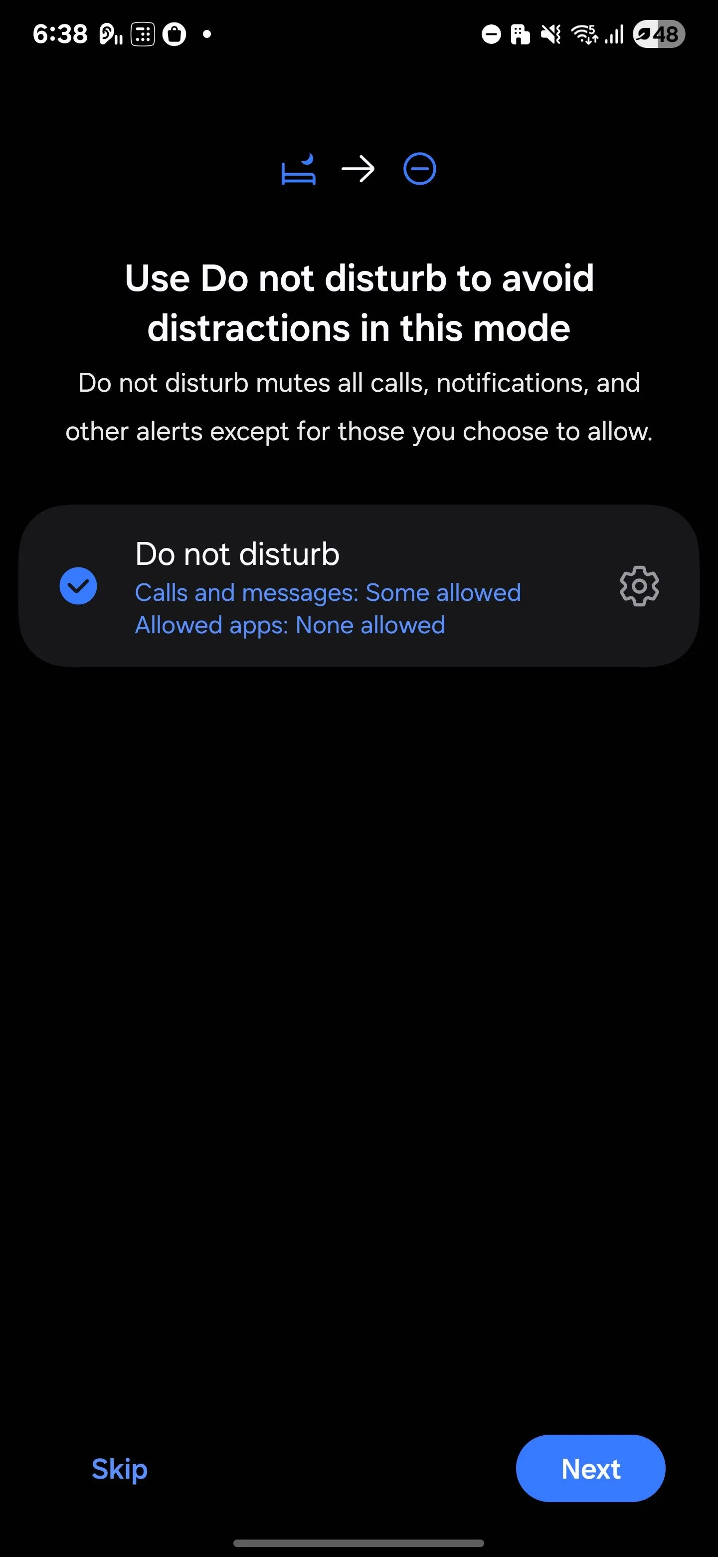 Tùy chọn bật chế độ Không làm phiền (Do not disturb) trong cài đặt Chế độ Giờ đi ngủ của Samsung.