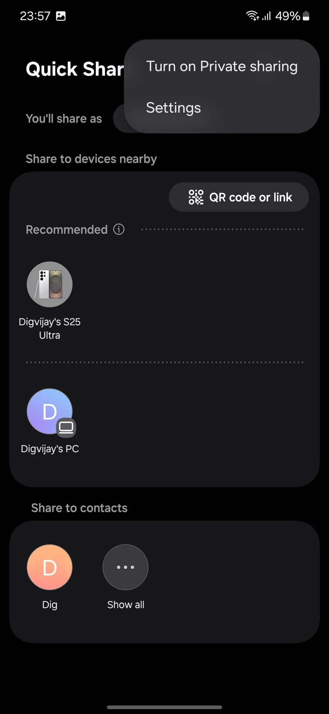 Tùy chọn 'Bật Chia sẻ riêng tư' trong menu Quick Share trên Samsung Galaxy