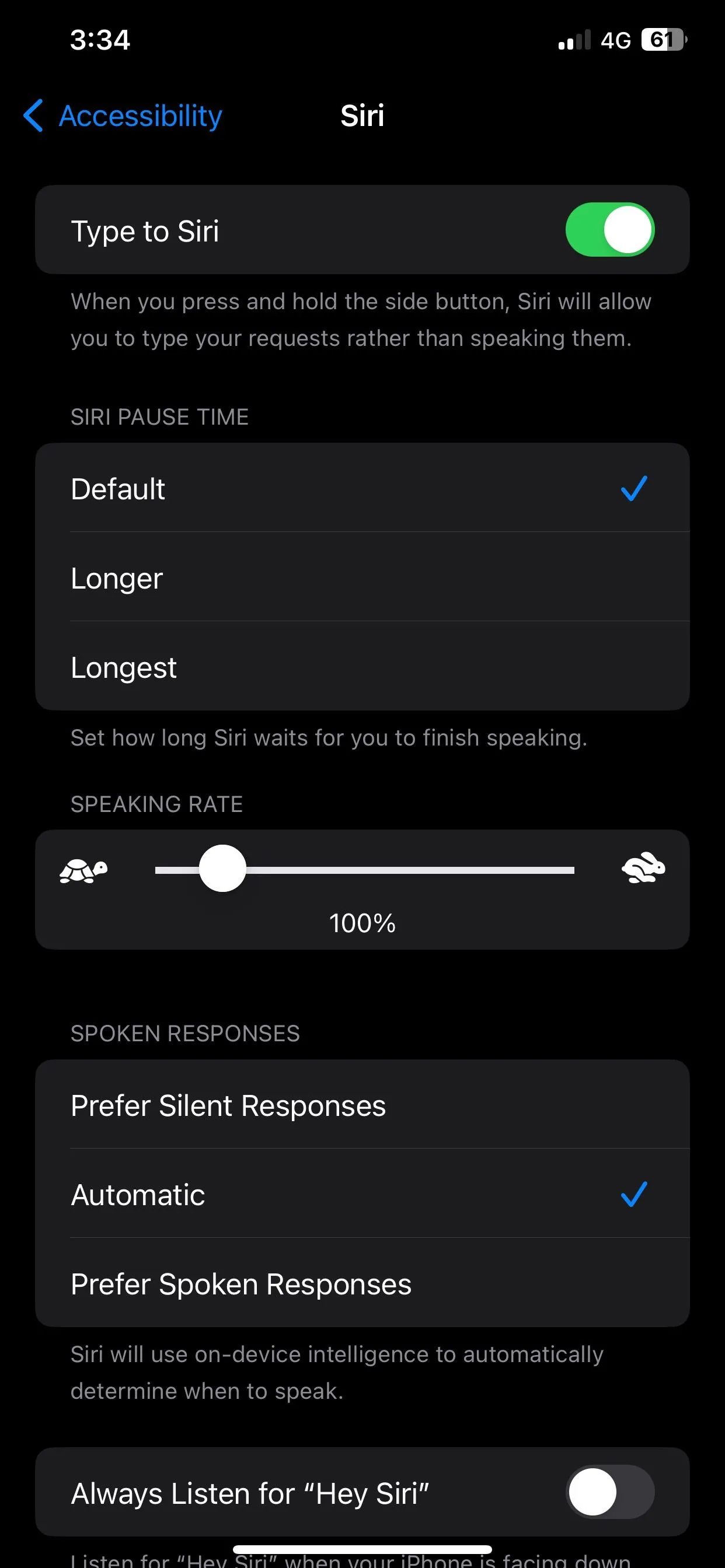 Tùy chọn bật &quot;Gõ để ra lệnh cho Siri&quot; trong cài đặt Trợ năng &gt; Siri trên iPhone chạy iOS 17.